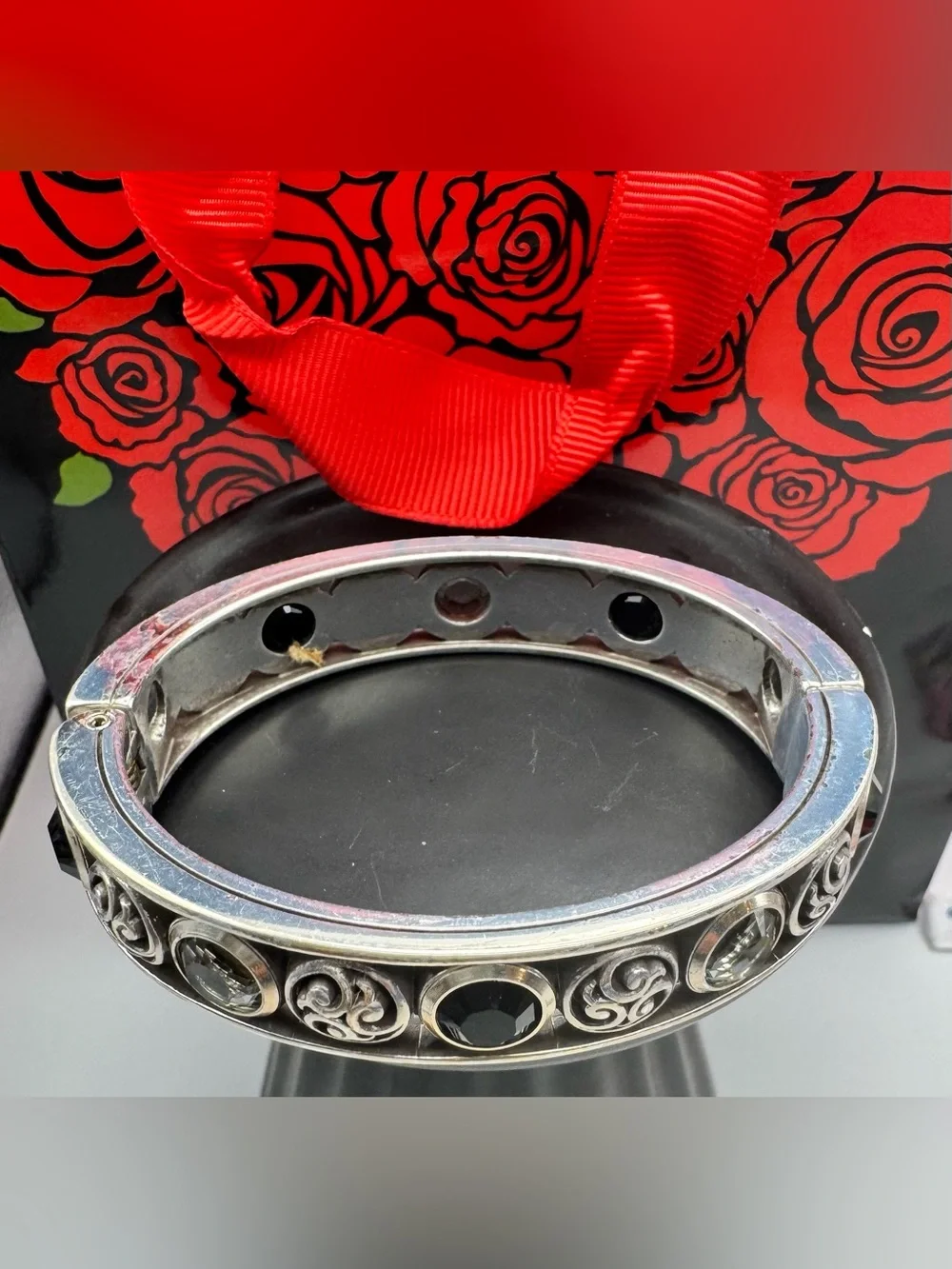 Brighton Ornate Bangle Bracelet with Black and Smoky Grey Crystal Accents